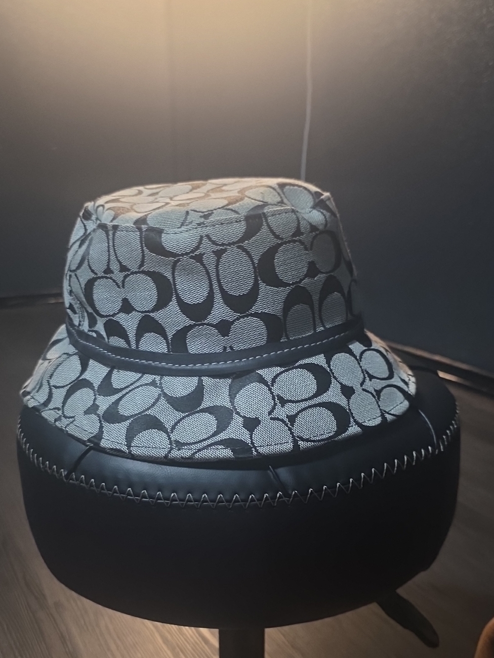 Coach Black & Gray Signature C Logo Bucket Hat with Leather Trim